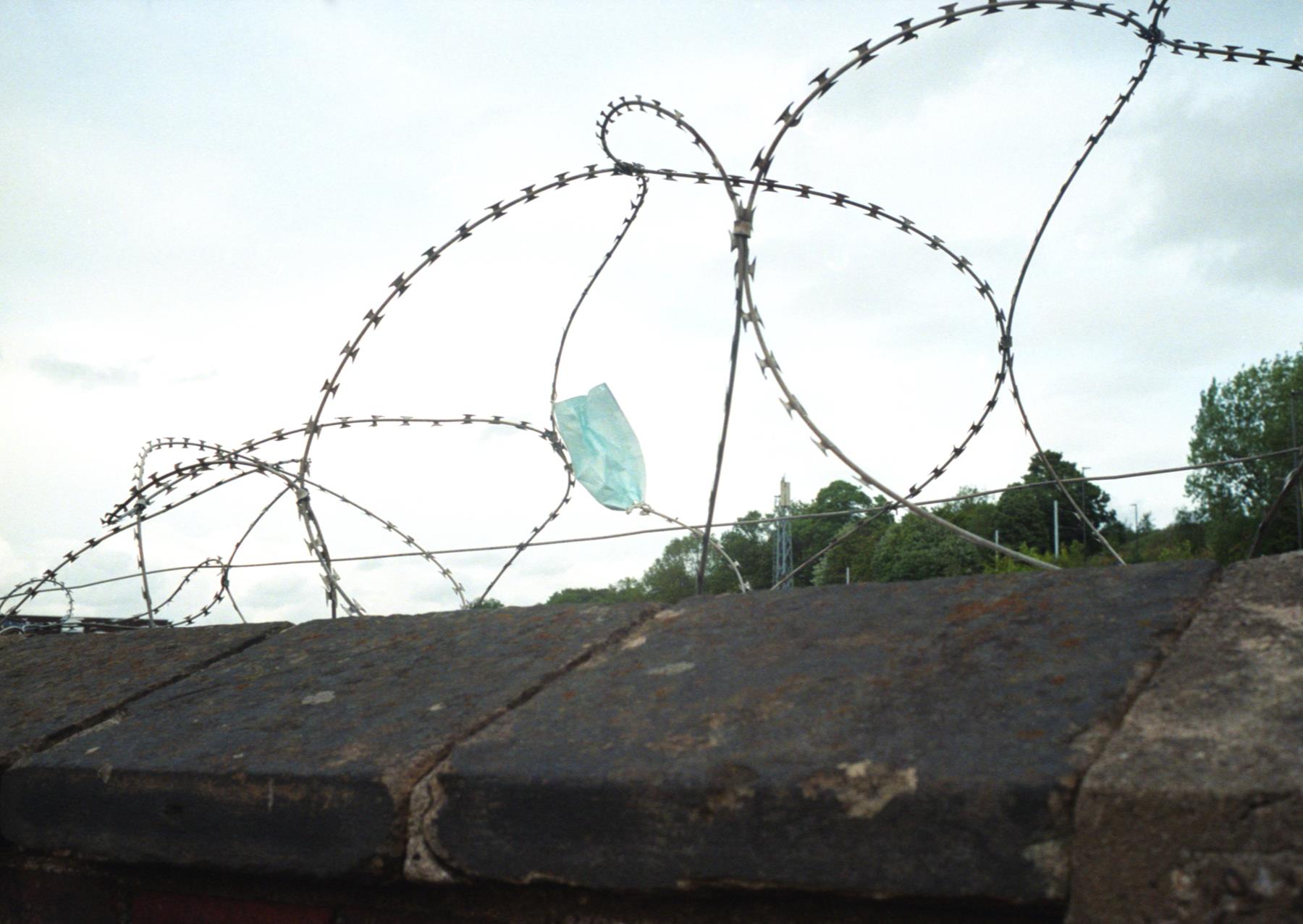 a surgical mask stuck in razor wire
