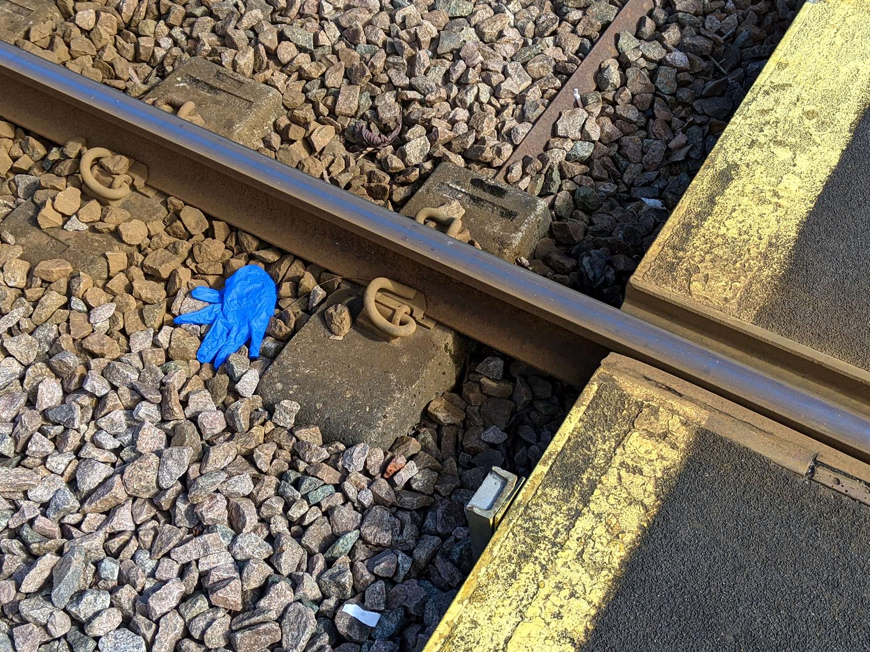 a discarded blue surgical glove next to tram track